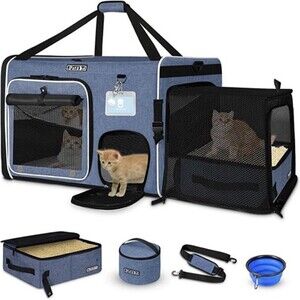 Petskd Expandable XL Cat Carrier w/ Litter Box Pet Travel Bag 24x17x17 Blue New